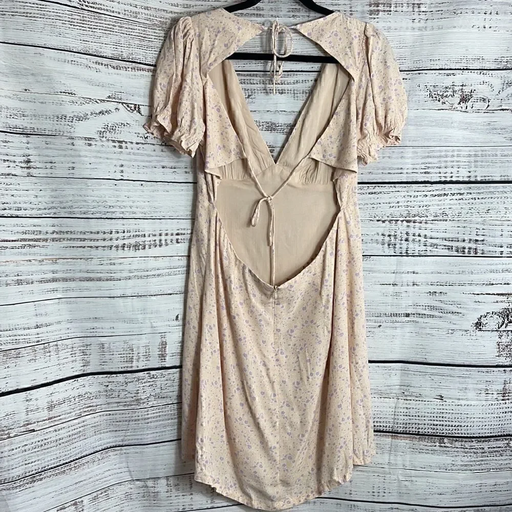 Sophie Rue Dress Womens Sz Medium neck Floral Open Back mini apricot Cottagecore